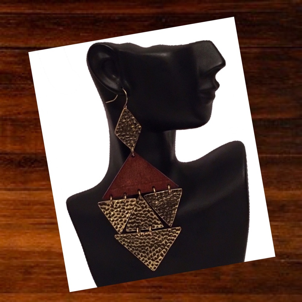 Burnished Gold & Brown Wood Tribal Dangle Earrings